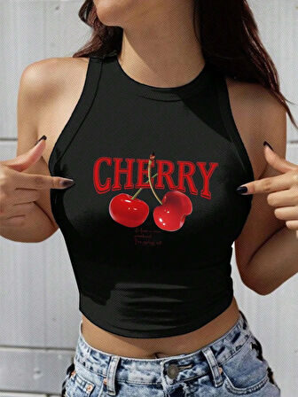 Kadın Siyah "Cherry" Baskılı Kolsuz Crop Atlet - Yazlık Sokak Stili