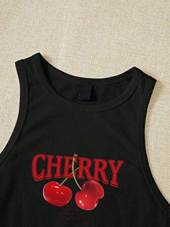 Kadın Siyah "Cherry" Baskılı Kolsuz Crop Atlet - Yazlık Sokak Stili
