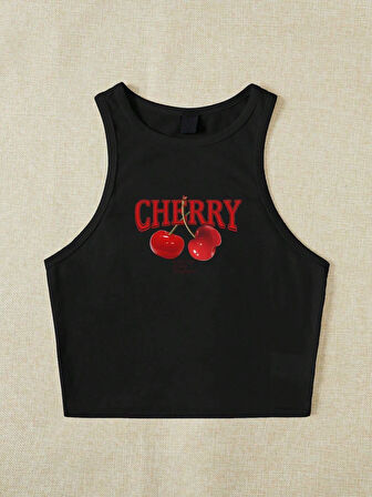Kadın Siyah "Cherry" Baskılı Kolsuz Crop Atlet - Yazlık Sokak Stili