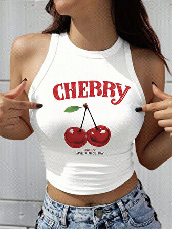 Kadın Beyaz "Cherry" Baskılı Kolsuz Crop Atlet - Yazlık Sokak Stili