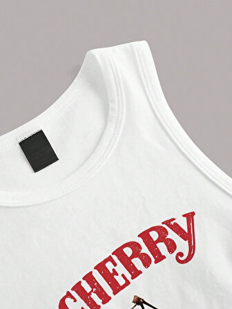 Kadın Beyaz "Cherry" Baskılı Kolsuz Crop Atlet - Yazlık Sokak Stili