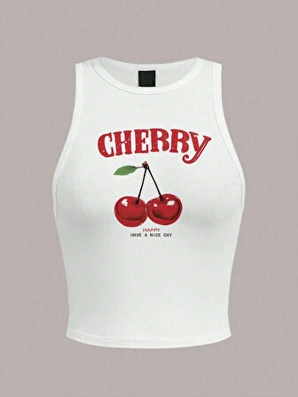 Kadın Beyaz "Cherry" Baskılı Kolsuz Crop Atlet - Yazlık Sokak Stili