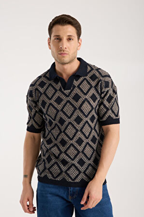 Erkek Polo Yaka Geometrik Desenli Kısa Kollu Triko Tişört - Lacivert Bej