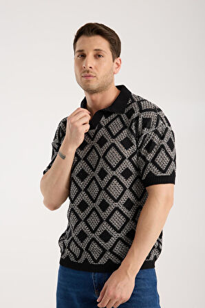 Erkek Polo Yaka Siyah Geometrik Desenli Kısa Kollu Triko Tişört