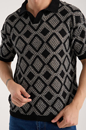 Erkek Polo Yaka Siyah Geometrik Desenli Kısa Kollu Triko Tişört