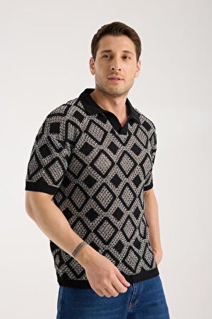 Erkek Polo Yaka Siyah Geometrik Desenli Kısa Kollu Triko Tişört