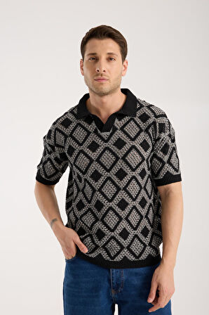 Erkek Polo Yaka Siyah Geometrik Desenli Kısa Kollu Triko Tişört