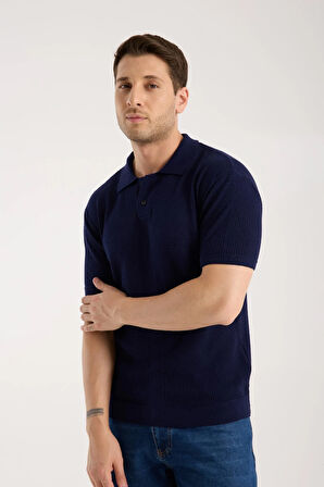 Erkek Polo Yaka Düz Dokulu Lacivert Kısa Kollu Triko Tişört