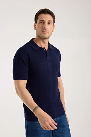 Erkek Polo Yaka Düz Dokulu Lacivert Kısa Kollu Triko Tişört