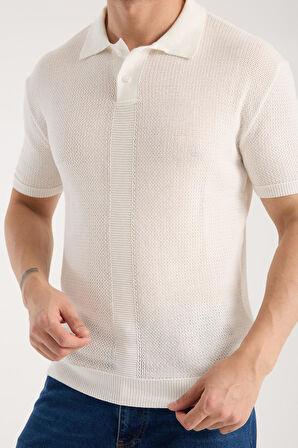 Erkek Polo Yaka Düz Dokulu Beyaz Kısa Kollu Triko Tişört