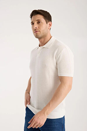 Erkek Polo Yaka Düz Dokulu Beyaz Kısa Kollu Triko Tişört