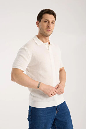 Erkek Polo Yaka Düz Dokulu Beyaz Kısa Kollu Triko Tişört