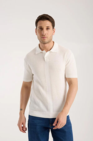 Erkek Polo Yaka Düz Dokulu Beyaz Kısa Kollu Triko Tişört