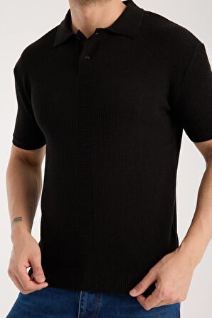 Erkek Polo Yaka Düz Dokulu Siyah Kısa Kollu Triko Tişört