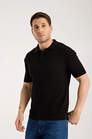 Erkek Polo Yaka Düz Dokulu Siyah Kısa Kollu Triko Tişört