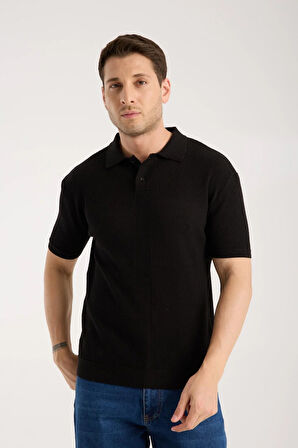 Erkek Polo Yaka Düz Dokulu Siyah Kısa Kollu Triko Tişört