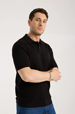 Erkek Polo Yaka Düz Dokulu Siyah Kısa Kollu Triko Tişört