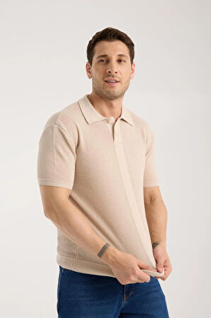 Erkek Polo Yaka Düz Dokulu Bej Kısa Kollu Triko Tişört