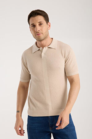Erkek Polo Yaka Düz Dokulu Bej Kısa Kollu Triko Tişört
