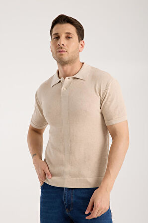 Erkek Polo Yaka Düz Dokulu Bej Kısa Kollu Triko Tişört