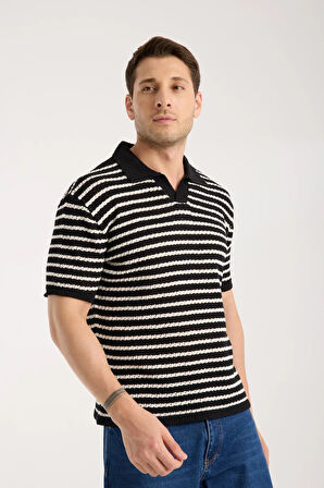 Erkek Polo Yaka Siyah Beyaz Çizgili Kısa Kollu Triko Tişört