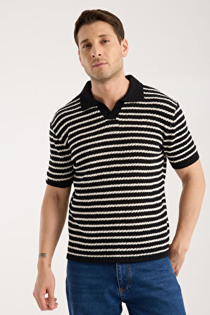 Erkek Polo Yaka Siyah Beyaz Çizgili Kısa Kollu Triko Tişört