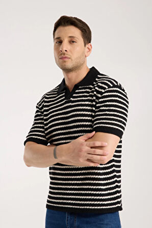 Erkek Polo Yaka Siyah Beyaz Çizgili Kısa Kollu Triko Tişört