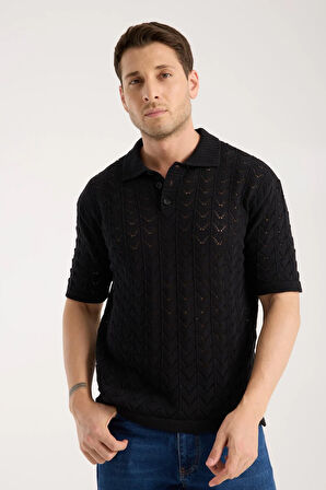 Erkek Polo Yaka Siyah Zigzag Desenli Kısa Kollu Triko Tişört