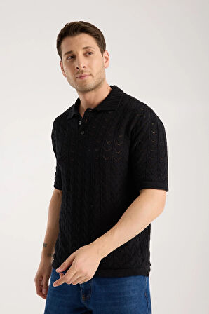 Erkek Polo Yaka Siyah Zigzag Desenli Kısa Kollu Triko Tişört