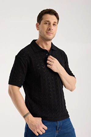 Erkek Polo Yaka Siyah Zigzag Desenli Kısa Kollu Triko Tişört