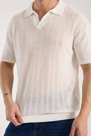 Erkek Polo Yaka Dik Çizgi Dokulu Beyaz Kısa Kollu Triko Tişört