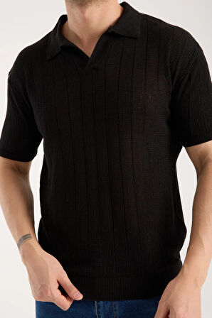 Erkek Polo Yaka Dik Çizgi Dokulu Siyah Kısa Kollu Triko Tişört