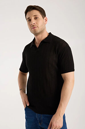 Erkek Polo Yaka Dik Çizgi Dokulu Siyah Kısa Kollu Triko Tişört