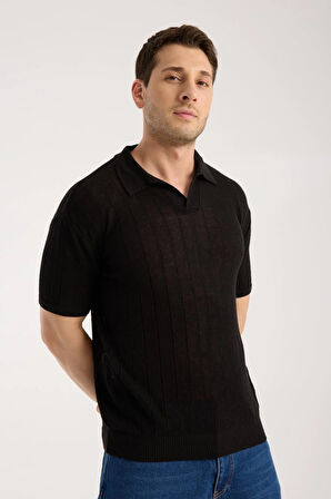 Erkek Polo Yaka Dik Çizgi Dokulu Siyah Kısa Kollu Triko Tişört