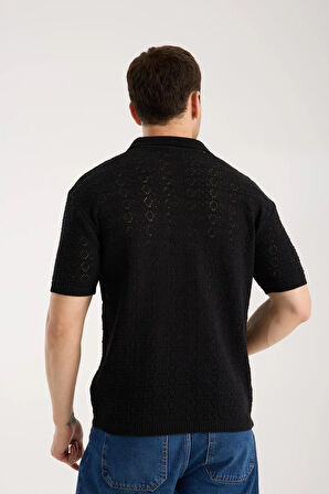 Erkek Polo Yaka Geometrik Desen Dokulu Siyah Kısa Kollu Triko Tişört