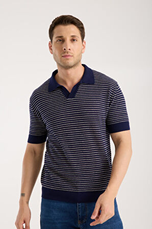 Erkek Polo Yaka Links  Örgü Dokulu Lacivert Kısa Kollu Triko Tişört