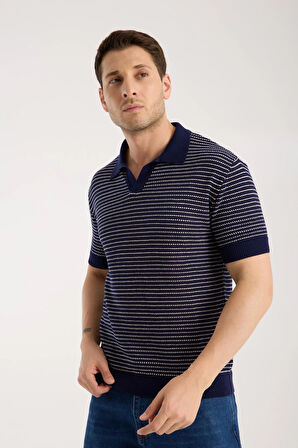 Erkek Polo Yaka Links  Örgü Dokulu Lacivert Kısa Kollu Triko Tişört