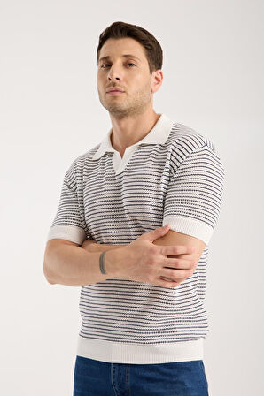 Erkek Polo Yaka Links  Örgü Dokulu Beyaz Kısa Kollu Triko Tişört