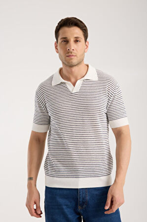 Erkek Polo Yaka Links  Örgü Dokulu Beyaz Kısa Kollu Triko Tişört