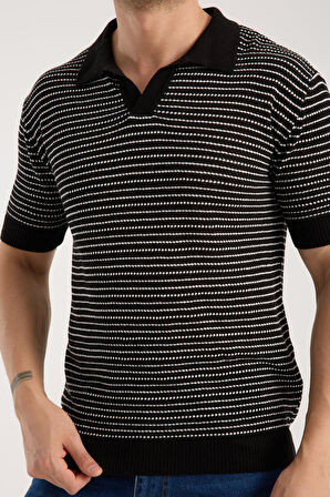 Erkek Polo Yaka Links  Örgü Dokulu Siyah Kısa Kollu Triko Tişört