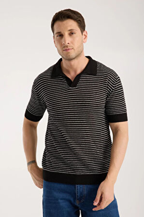 Erkek Polo Yaka Links  Örgü Dokulu Siyah Kısa Kollu Triko Tişört