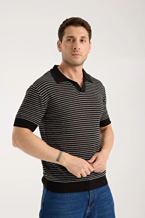 Erkek Polo Yaka Links  Örgü Dokulu Siyah Kısa Kollu Triko Tişört