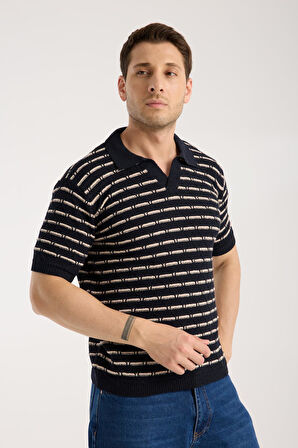 Erkek Polo Yaka Baklava Desenli Dokulu Lacivert Kısa Kollu Triko Tişört