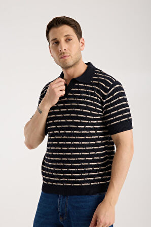 Erkek Polo Yaka Baklava Desenli Dokulu Lacivert Kısa Kollu Triko Tişört