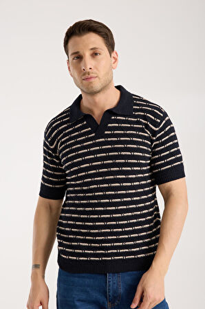 Erkek Polo Yaka Baklava Desenli Dokulu Lacivert Kısa Kollu Triko Tişört