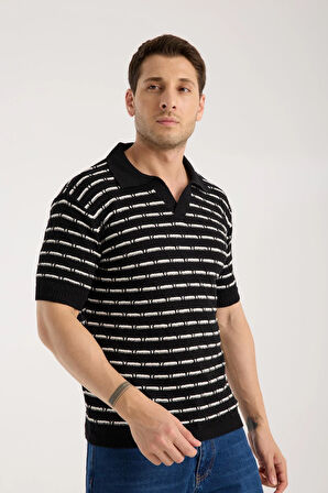 Erkek Polo Yaka Baklava Desenli Dokulu Siyah Kısa Kollu Triko Tişört