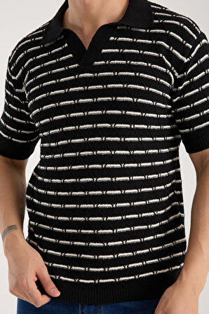 Erkek Polo Yaka Baklava Desenli Dokulu Siyah Kısa Kollu Triko Tişört