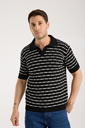 Erkek Polo Yaka Baklava Desenli Dokulu Siyah Kısa Kollu Triko Tişört