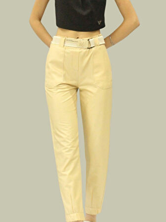 Kadın Bej Suni Deri Pantolon - Yüksek Bel, Cepli, Likralı ve Deri Görünümlü Pantolon Tayt