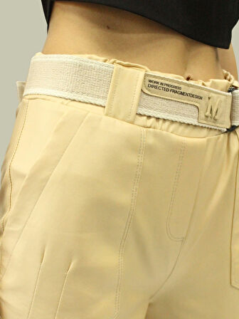 Kadın Bej Suni Deri Pantolon - Yüksek Bel, Cepli, Likralı ve Deri Görünümlü Pantolon Tayt